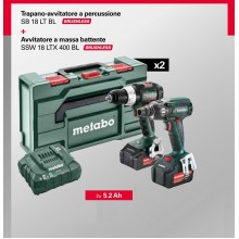 COMBO METABO KIT 56 -18 V (Li-Ion 2 x 5,2Ah) AVVITATORE A PERCUSSIONE SB 18 LT BL + AVVITATORE A MASSA BATTENTE  SSW 18 LTX 400 BL + 2 BATT. 5.2 Ah Li-Ion + 2 VALIGETTE METABOX 145